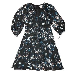 DKNY Black Beige Blue Wrap Ruffle Flare Midi Dress NWT Women 4 3/4 Sheer Sleeve